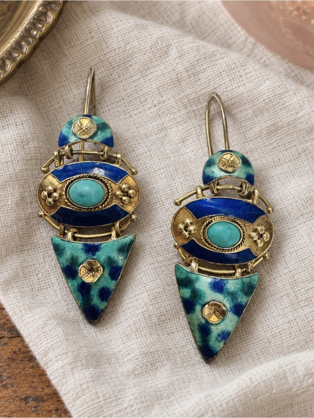 Vintage Shashi Thousand Flowers Turquoise Enamel Dangle Earrings